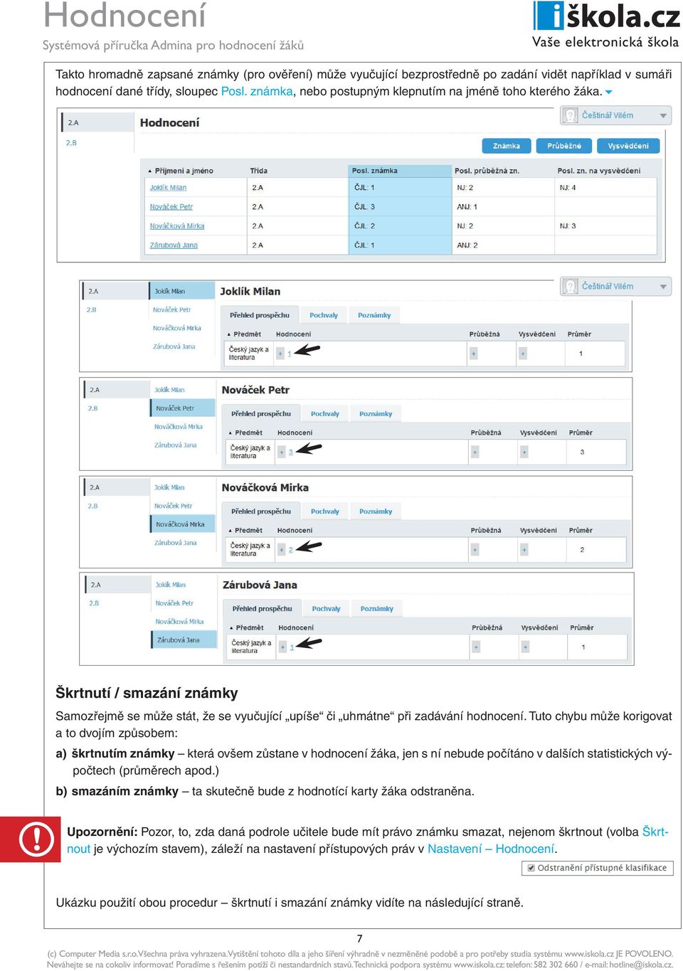 Tuto chybu může korigovat a to dvojím způsobem: a) škrtnutím známky která ovšem zůstane v hodnocení žáka, jen s ní nebude počítáno v dalších statistických výpočtech (průměrech apod.