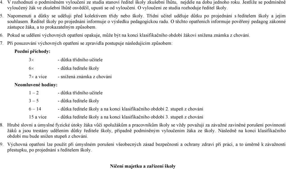 Napomenutí a důtky se udělují před kolektivem třídy nebo školy. Třídní učitel uděluje důtku po projednání s ředitelem školy a jejím souhlasem.