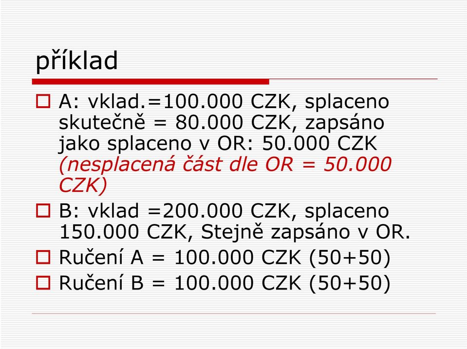 000 CZK (nesplacená část dle OR = 50.000 CZK) B: vklad =200.