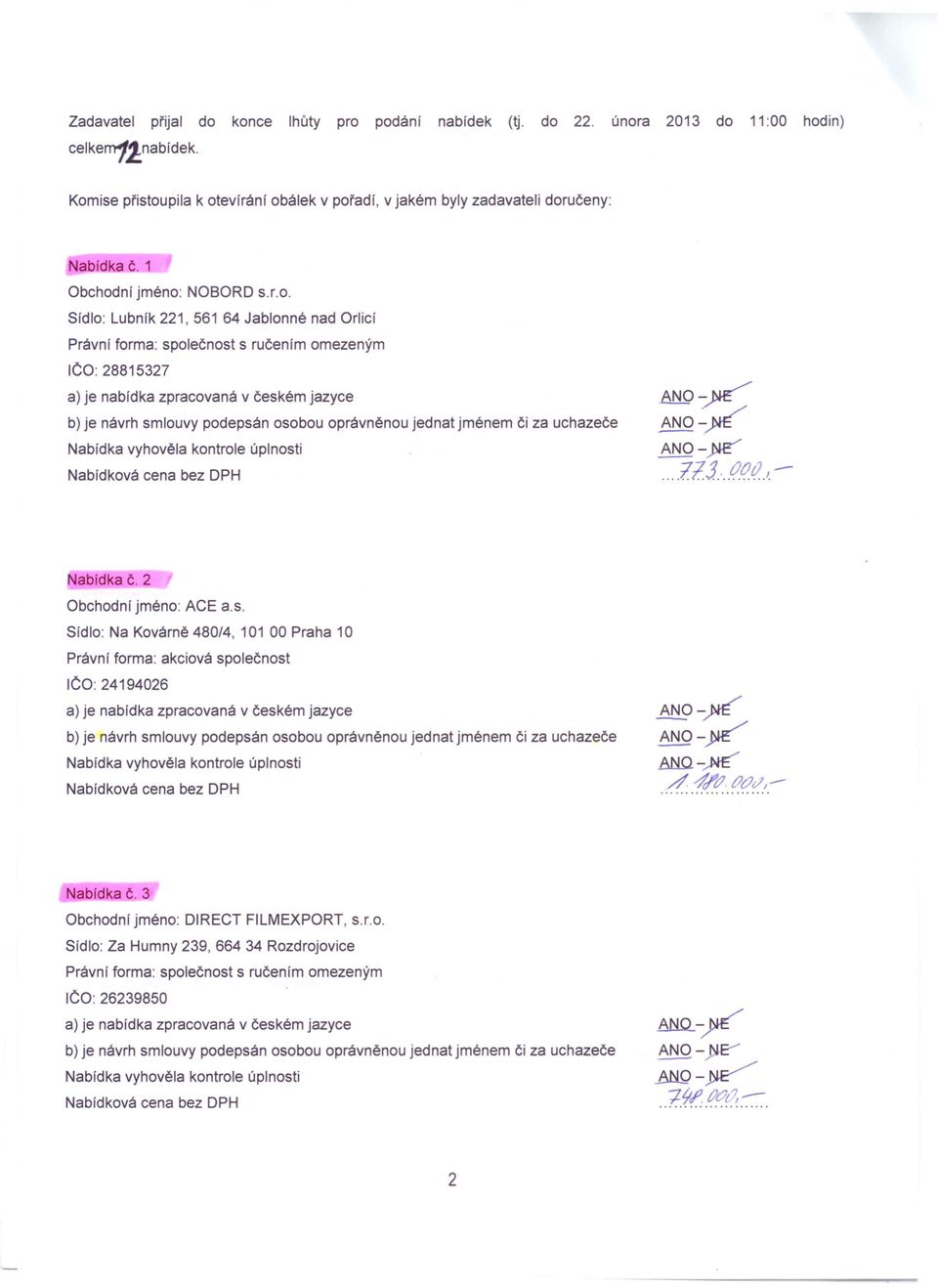 Komise přistoupila k otevírání obálek v pořadí, v jakém byly zadavateli doručeny: Nabídka Č. 1 Obchodní jméno: NOBORD s.r.o. Sídlo: Lubník 221, 561 64 Jablonné nad Orlicí ICO: 28815327 Nabídka Č.