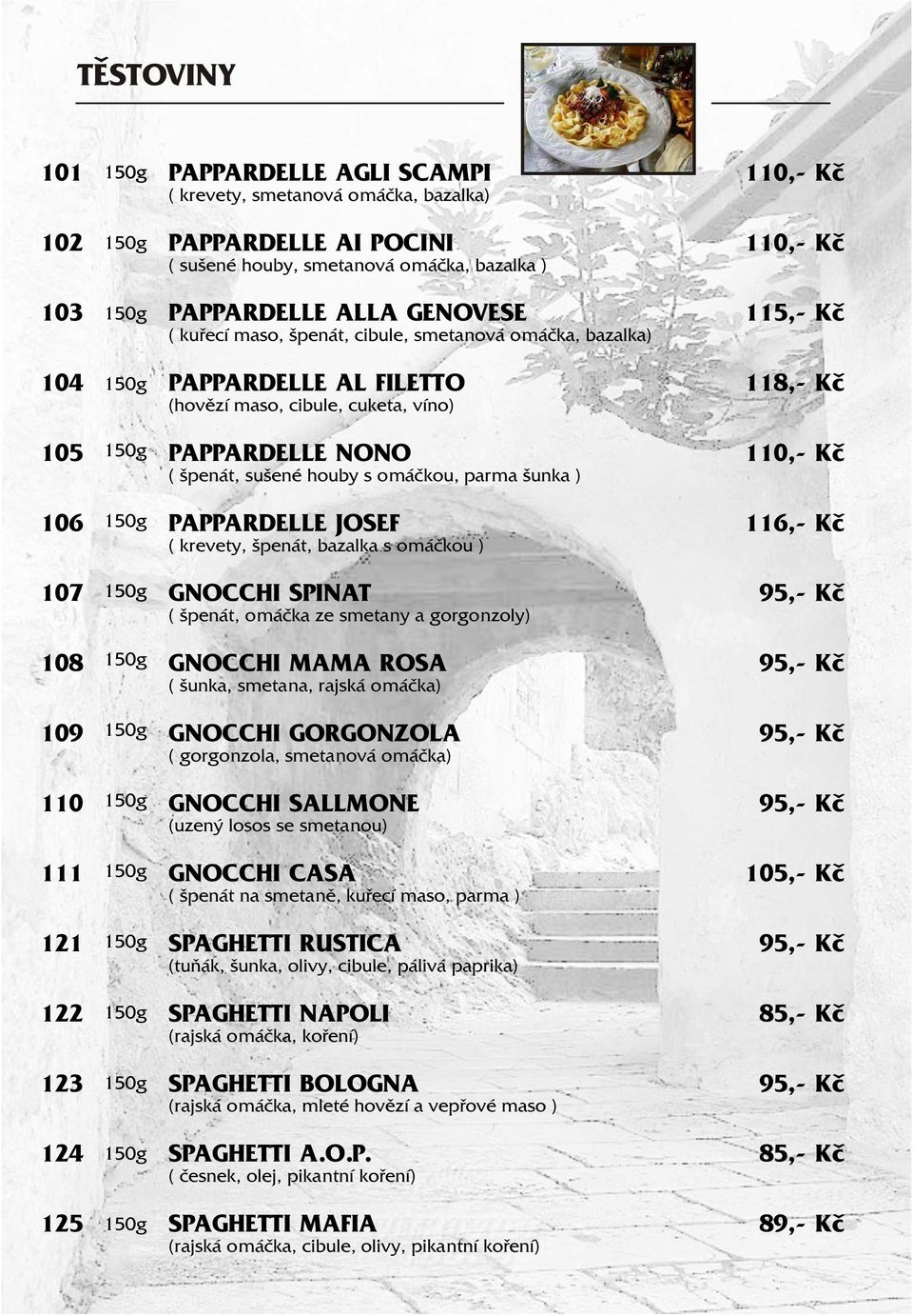 PAPPARDELLE JOSEF ( krevety, špenát, bazalka s omáčkou ) 116,- Kč 107 GNOCCHI SPINAT ( špenát, omáčka ze smetany a gorgonzoly) 108 GNOCCHI MAMA ROSA ( šunka, smetana, rajská omáčka) 109 GNOCCHI