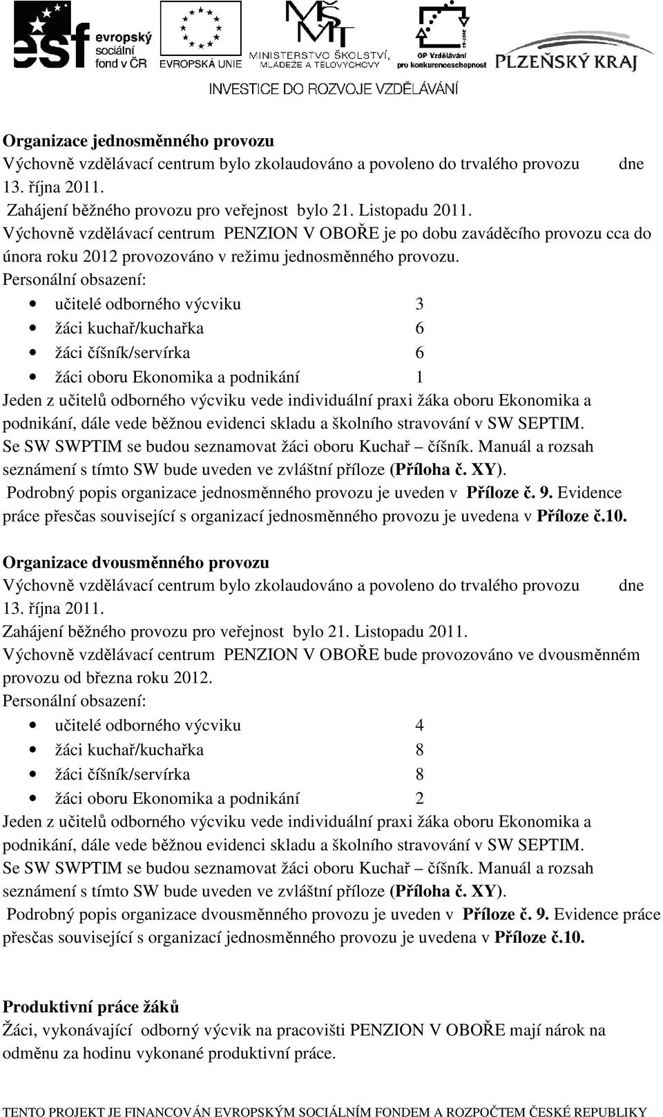 Personální obsazení: učitelé odborného výcviku 3 žáci kuchař/kuchařka 6 žáci číšník/servírka 6 žáci oboru Ekonomika a podnikání 1 Jeden z učitelů odborného výcviku vede individuální praxi žáka oboru