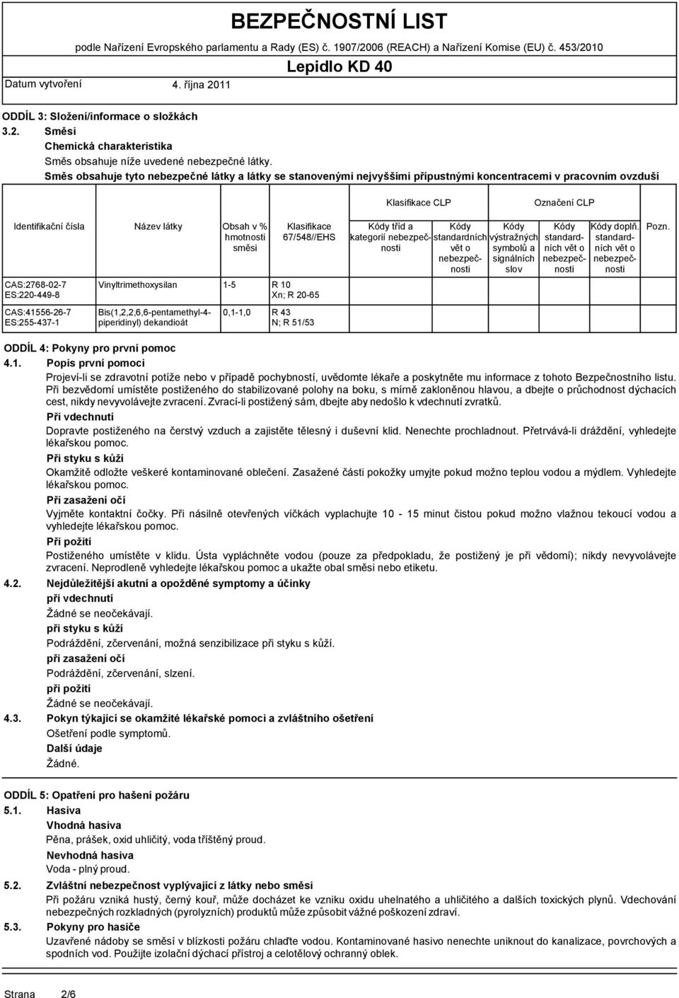 směsi Klasifikace 67/548//EHS Kódy tříd a kategorií nebezpečnosti Kódy standardních vět o nebezpečnosti Kódy výstražných symbolů a signálních slov Kódy standardních vět o nebezpečnosti Kódy doplň.