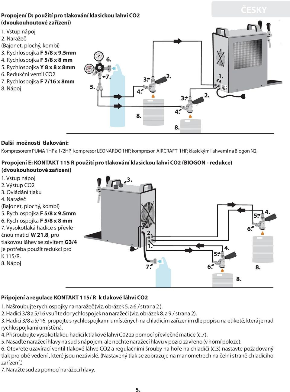 AIRCRAFT 1HP, klasickými lahvemi na Biogon N, Propojení E: KONTAKT 115 R použití pro tlakování klasickou lahví CO (BIOGON - redukce) (dvoukouhoutové zařízení) Vstup nápoj Výstup CO Ovládání tlaku