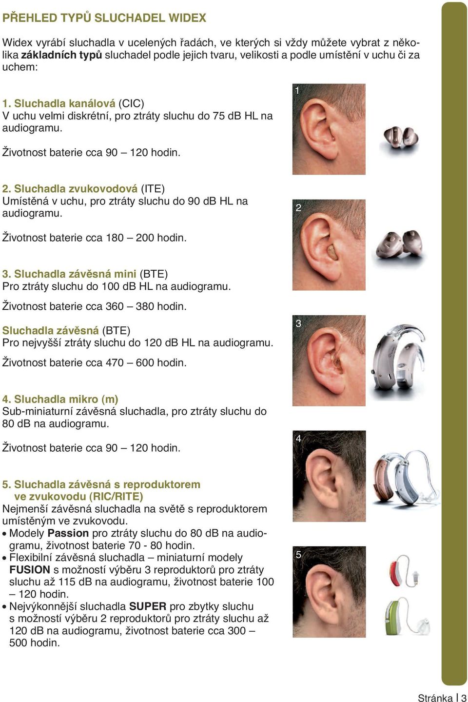 Sluchadla zvukovodová (ITE) Umístěná v uchu, pro ztráty sluchu do 90 db HL na audiogramu. 2 Životnost baterie cca 180 200 hodin. 3.