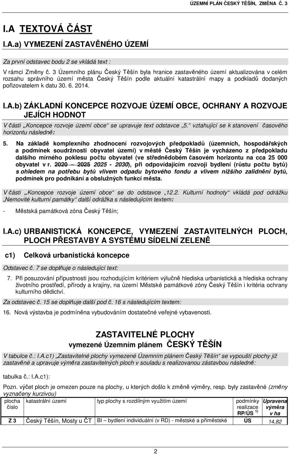 6. 2014. I.A.b) ZÁKLADNÍ KONCEPCE ROZVOJE ÚZEMÍ OBCE, OCHRANY A ROZVOJE JEJÍCH HODNOT V části Koncepce rozvoje území obce se upravuje text odstavce 5.