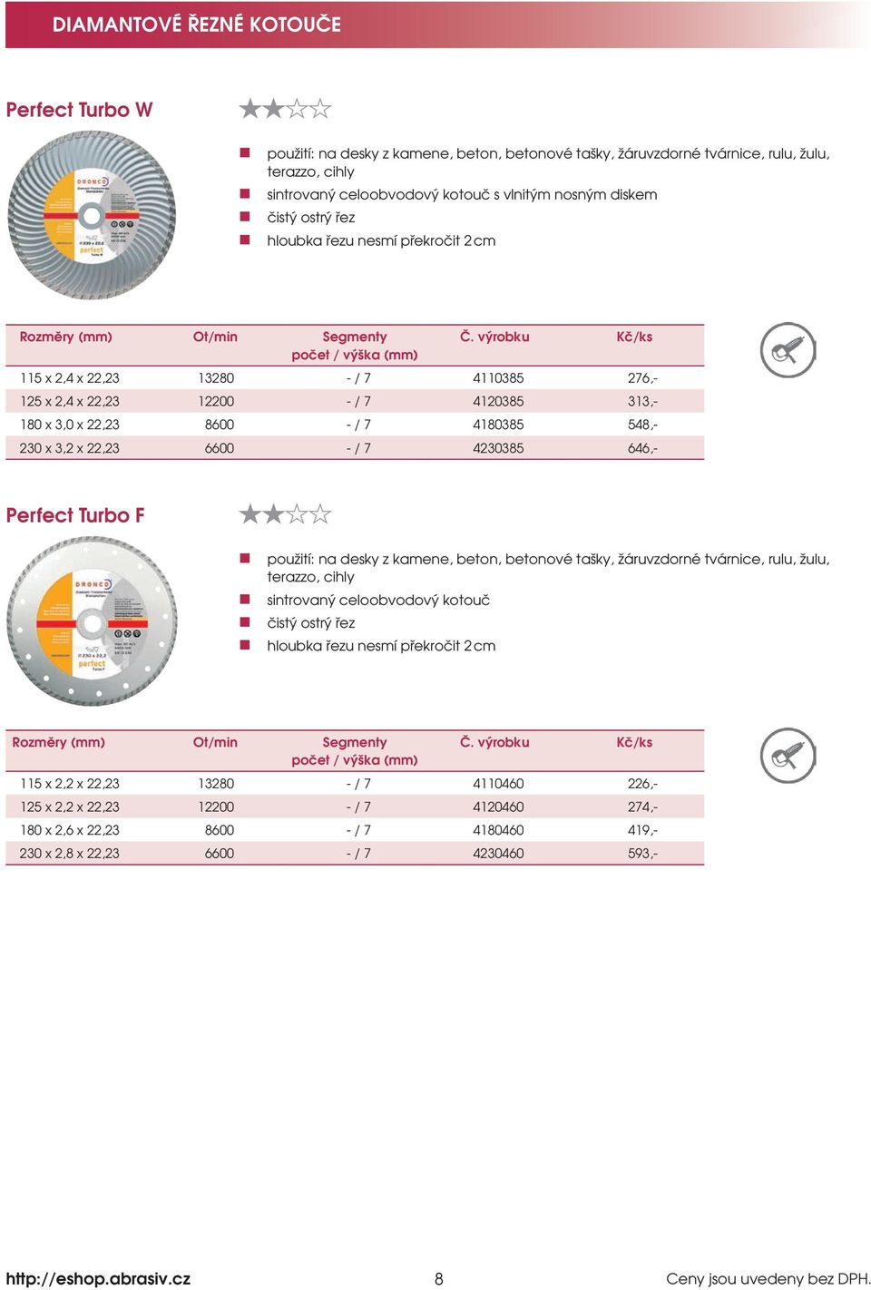 646,- Perfect Turbo F použití: na desky z kamene, beton, betonové tašky, žáruvzdorné tvárnice, rulu, žulu, terazzo, cihly sintrovaný celoobvodový kotouč čistý ostrý řez hloubka řezu nesmí překročit