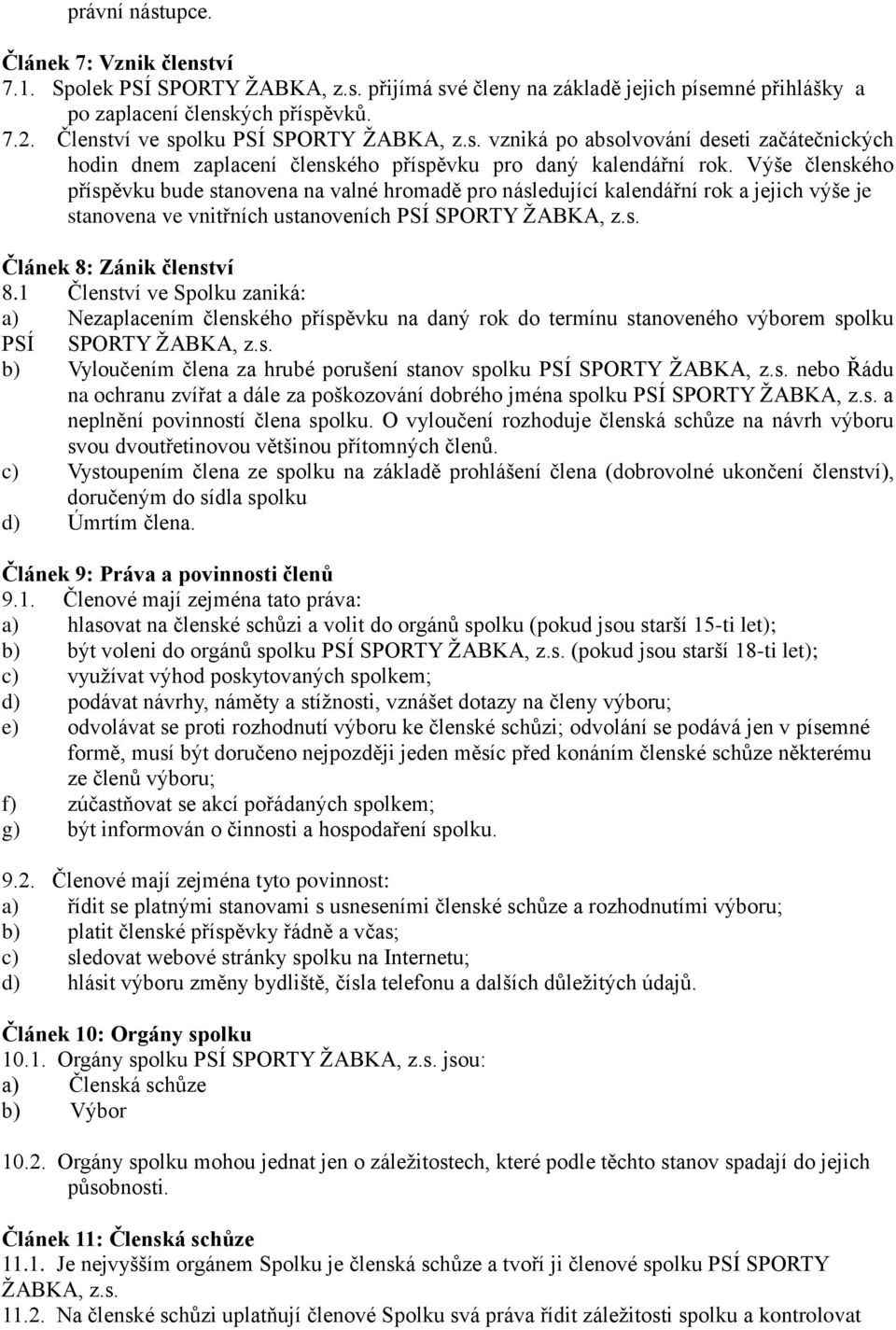 Výše členského příspěvku bude stanovena na valné hromadě pro následující kalendářní rok a jejich výše je stanovena ve vnitřních ustanoveních PSÍ SPORTY ŽABKA, z.s. Článek 8: Zánik členství 8.