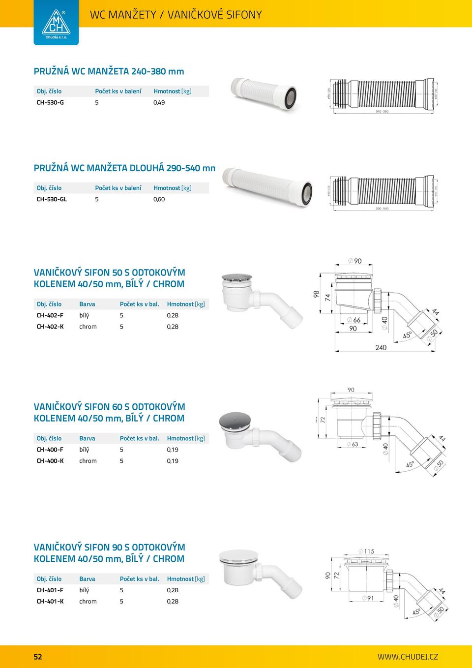 5 0,28 VANIČKOVÝ SIFON 60 S ODTOKOVÝM KOLENEM 40/50 mm, BÍLÝ / CHROM CH-400-F bílý 5 0,19 CH-400-K chrom 5 0,19
