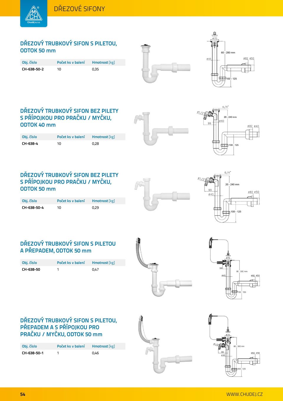 MYČKU, ODTOK 50 mm CH-638-50-4 10 0,29 DŘEZOVÝ TRUBKOVÝ SIFON S PILETOU A PŘEPADEM, ODTOK 50 mm CH-638-50 1 0,47