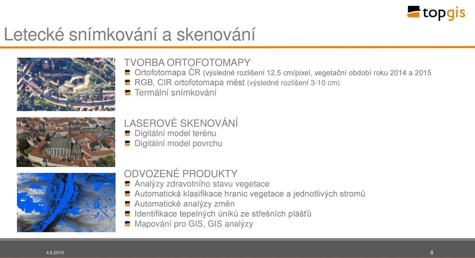 terénu Digitální model povrchu ODVOZENÉ PRODUKTY Analýzy zdravotního stavu vegetace Automatická klasifikace hranic vegetace a