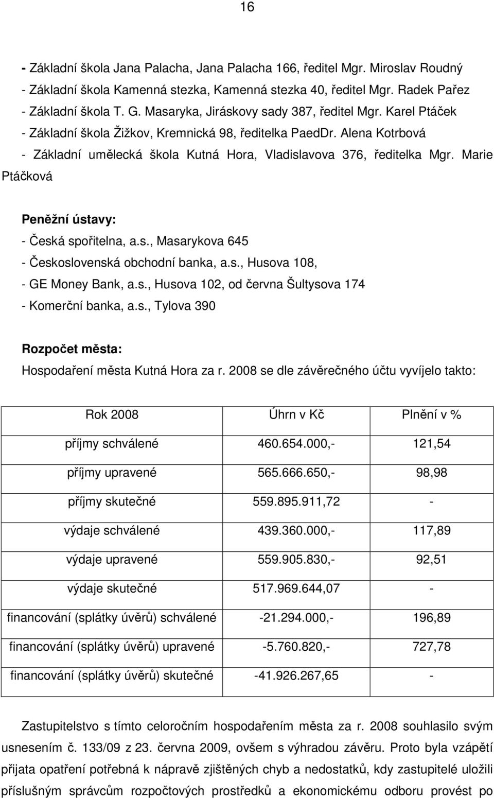 Marie Ptáčková Peněžní ústavy: - Česká spořitelna, a.s., Masarykova 645 - Československá obchodní banka, a.s., Husova 108, - GE Money Bank, a.s., Husova 102, od června Šultysova 174 - Komerční banka, a.