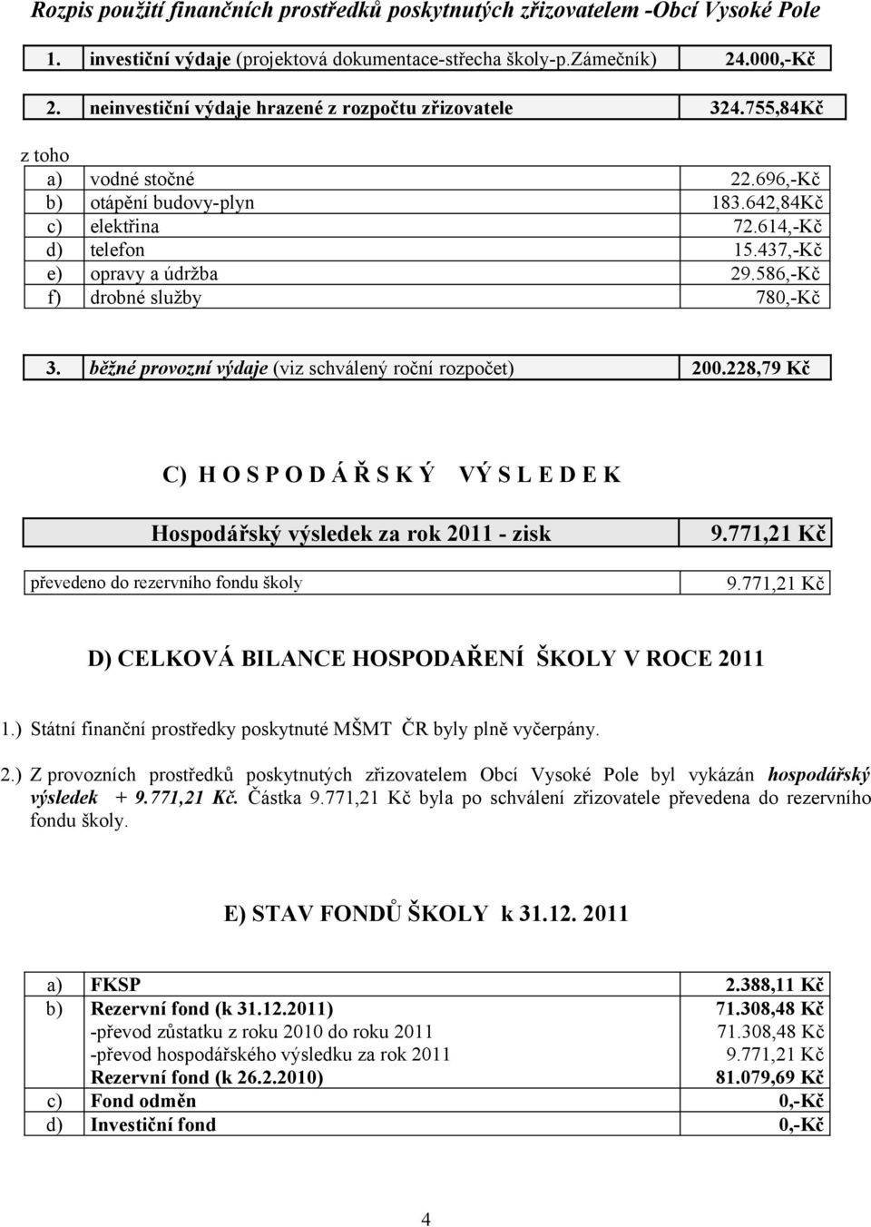 586,-Kč f) drobné služby 780,-Kč 3. běžné provozní výdaje (viz schválený roční rozpočet) 200.