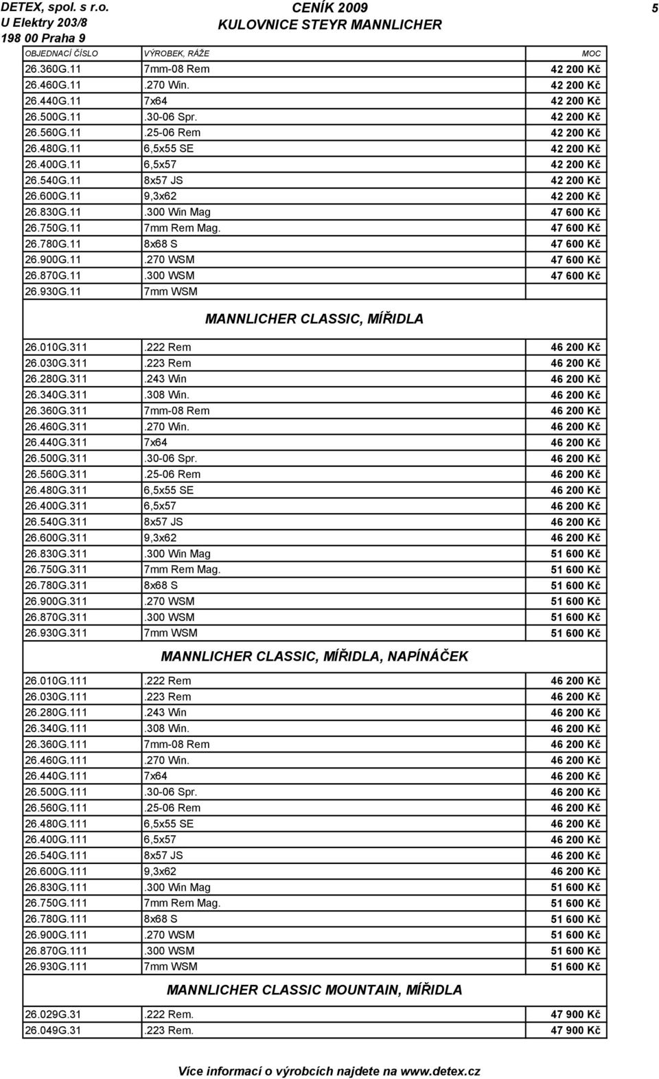 870G.11.300 WSM 47 600 Kč 26.930G.11 7mm WSM 5 MANNLICHER CLASSIC, MÍŘIDLA 26.010G.311.222 Rem 46 200 Kč 26.030G.311.223 Rem 46 200 Kč 26.280G.311.243 Win 46 200 Kč 26.340G.311.308 Win. 46 200 Kč 26.360G.