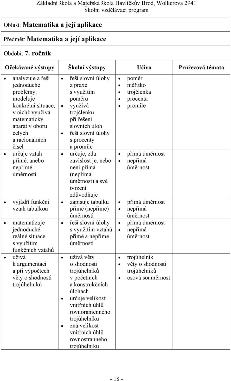 tabulkou matematizuje reálné situace s využitím funkčních vztahů užívá k argumentaci a při výpočtech věty o shodnosti trojúhelníků řeší slovní úlohy z praxe s využitím poměru využívá trojčlenku při