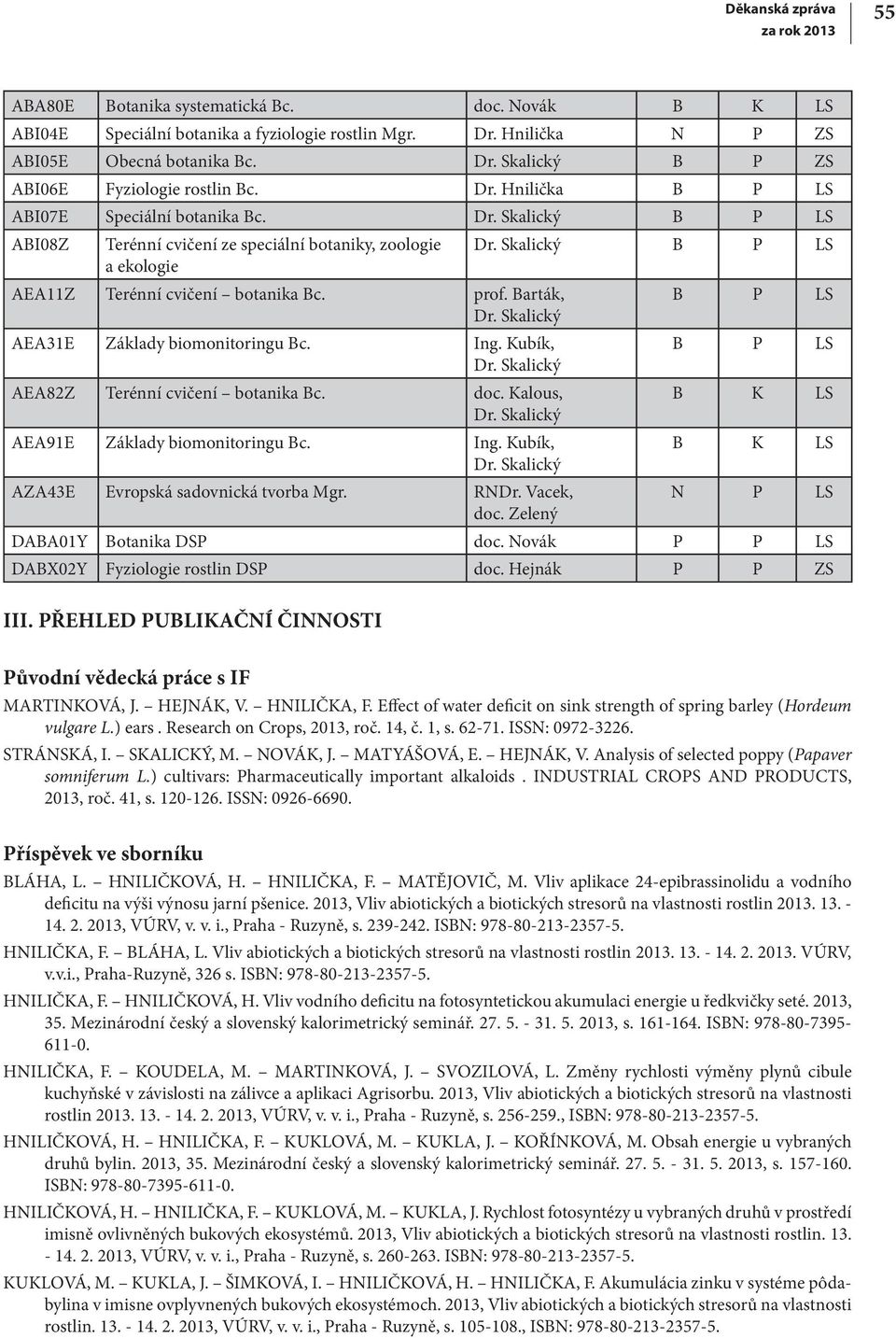 Skalický AEA31E Základy biomonitoringu Bc. Ing. Kubík, Dr. Skalický Dr. Skalický B P LS B P LS B P LS AEA82Z Terénní cvičení botanika Bc. doc. Kalous, B K LS Dr.