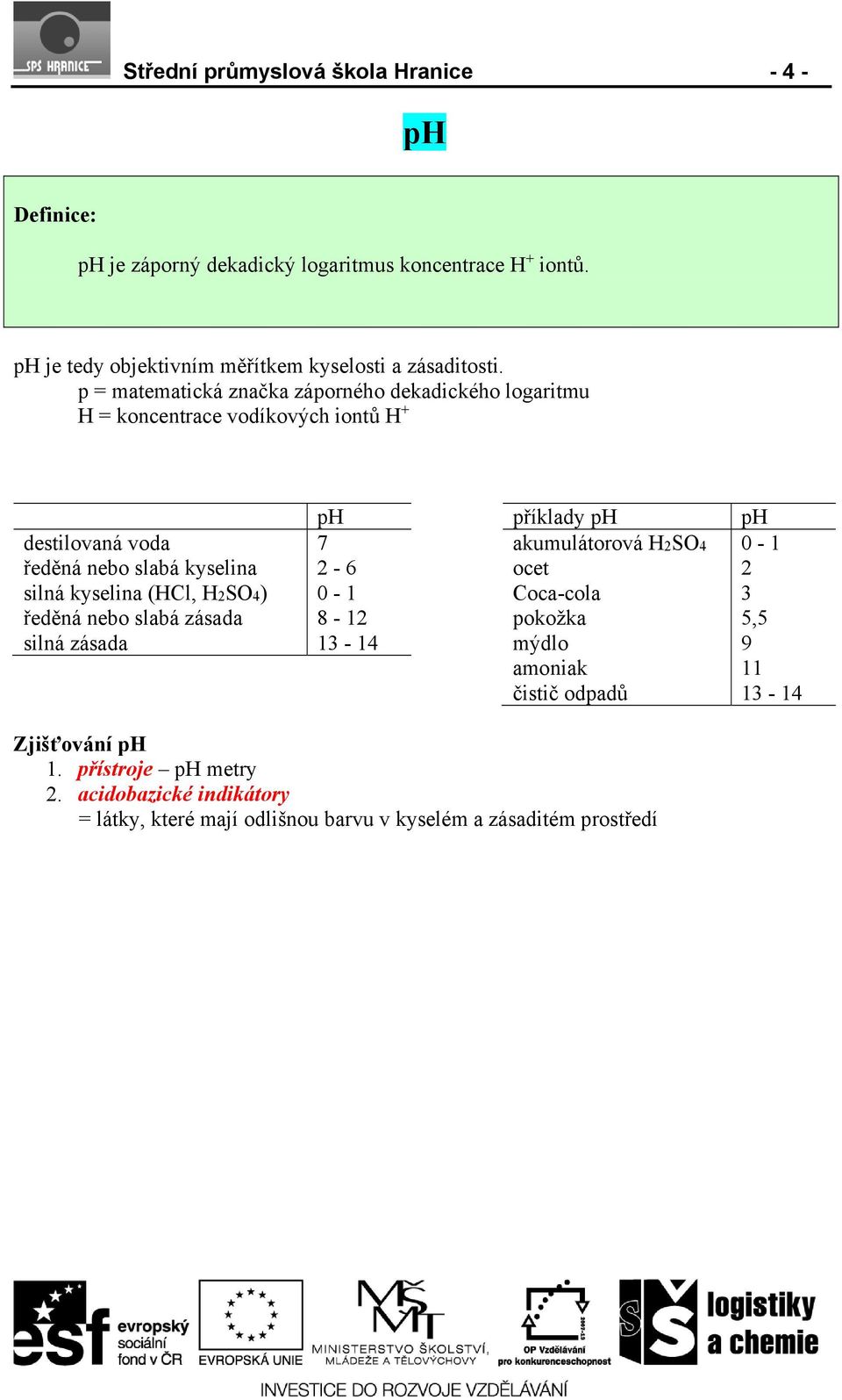 p = matematická značka záporného dekadického logaritmu H = koncentrace vodíkových iontů H + destilovaná voda ředěná nebo slabá kyselina silná kyselina