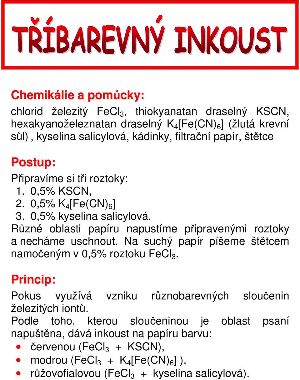 Různé oblasti papíru napustíme připravenými roztoky a necháme uschnout. Na suchý papír píšeme štětcem namočeným v 0,5% roztoku FeCl 3.