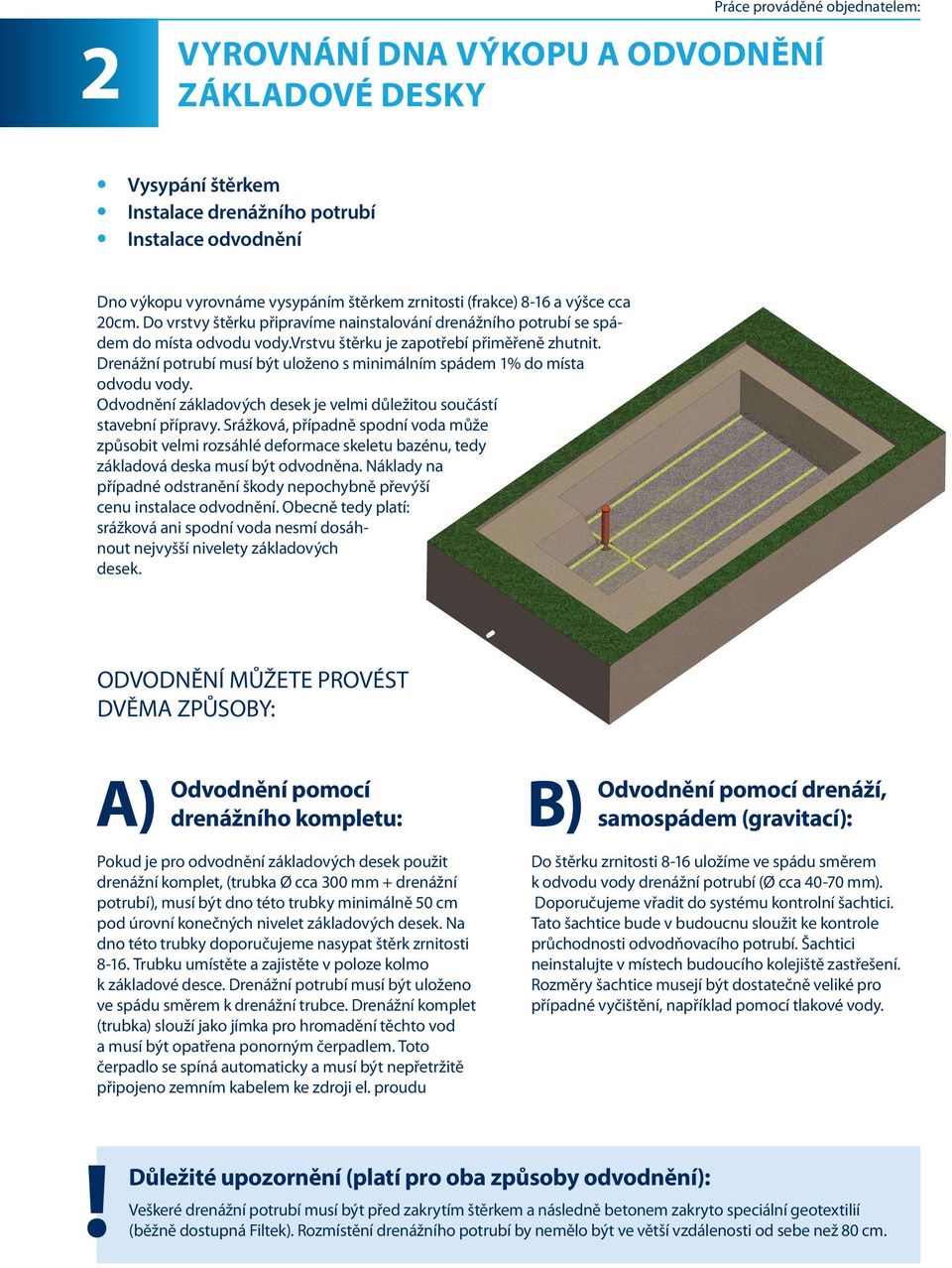 Drenážní potrubí musí být uloženo s minimálním spádem 1% do místa odvodu vody. Odvodnění základových desek je velmi důležitou součástí stavební přípravy.