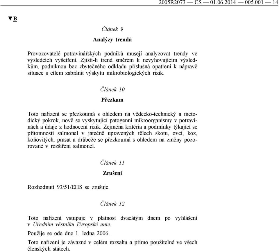 Článek 10 Přezkum Toto nařízení se přezkoumá s ohledem na vědecko-technický a metodický pokrok, nově se vyskytující patogenní mikroorganismy v potravinách a údaje z hodnocení rizik.