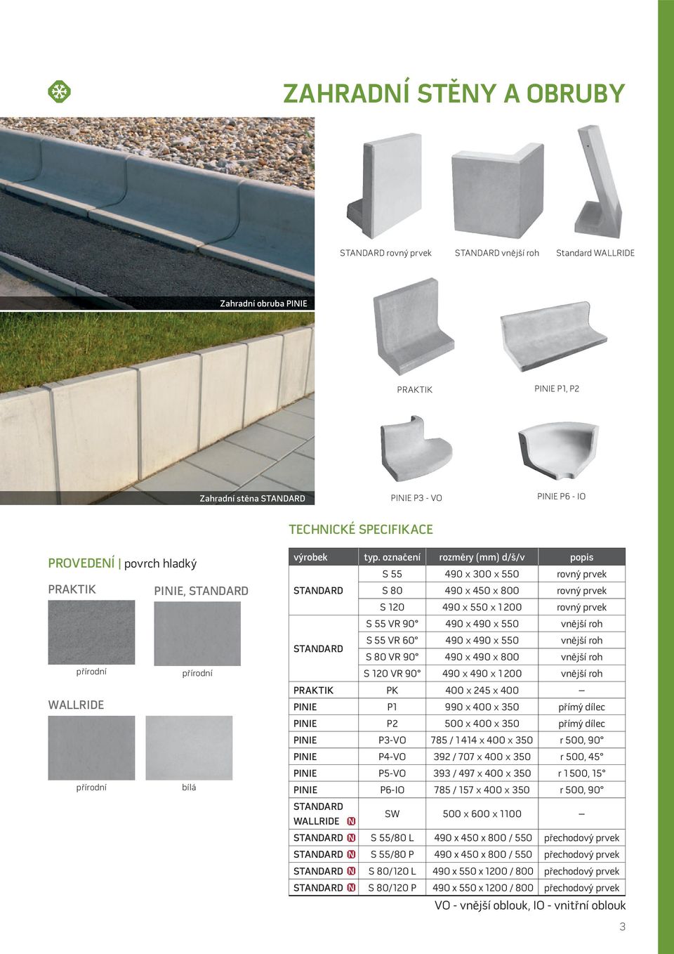 označení rozměry (mm) d/š/v popis STANDARD S 55 490 300 550 rovný prvek S 80 490 450 800 rovný prvek S 120 490 550 1 200 rovný prvek S 55 VR 90 490 490 550 vnější roh STANDARD S 55 VR 60 490 490 550