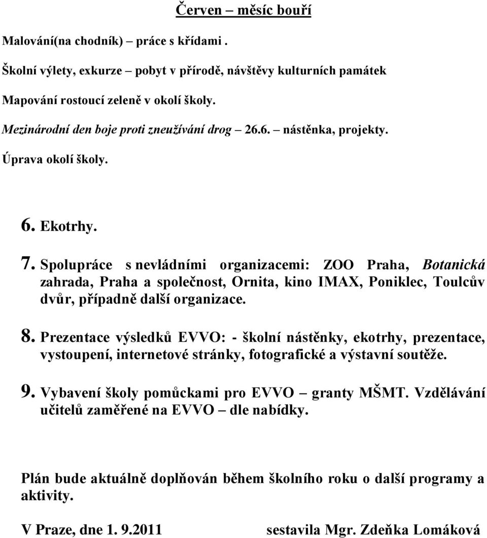 Spolupráce s nevládními organizacemi: ZOO Praha, Botanická zahrada, Praha a společnost, Ornita, kino IMAX, Poniklec, Toulcův dvůr, případně další organizace. 8.