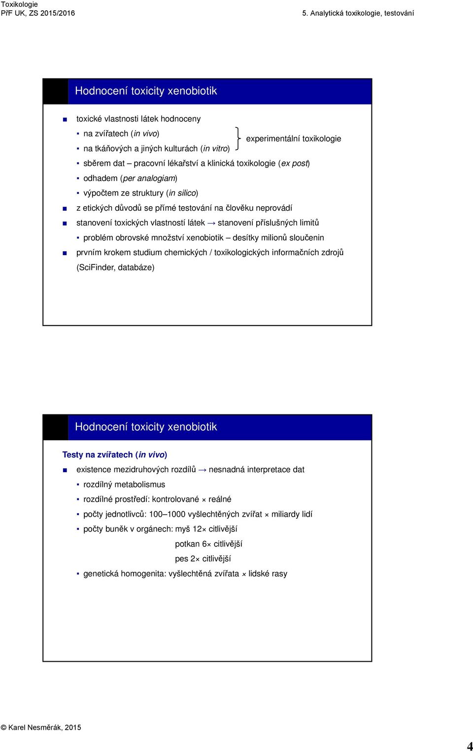 milionů sloučenin prvním krokem studium chemických / toxikologických informačních zdrojů (SciFinder, databáze) Testy na zvířatech (in vivo) existence mezidruhových rozdílů nesnadná interpretace dat