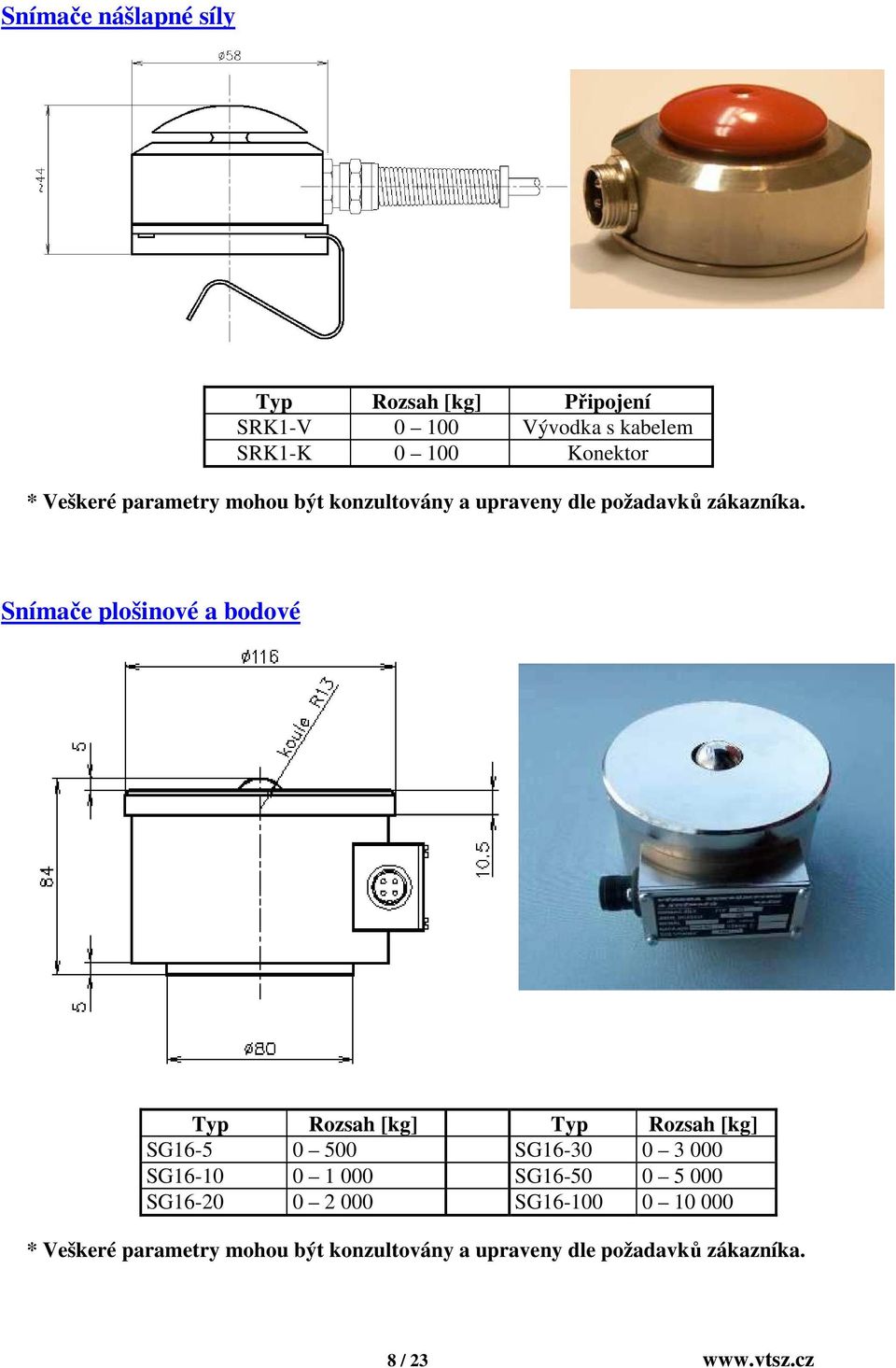 Snímače plošinové a bodové Typ Rozsah [kg] Typ Rozsah [kg] SG16-5 0 500 SG16-30 0 3 000 SG16-10 0 1 000