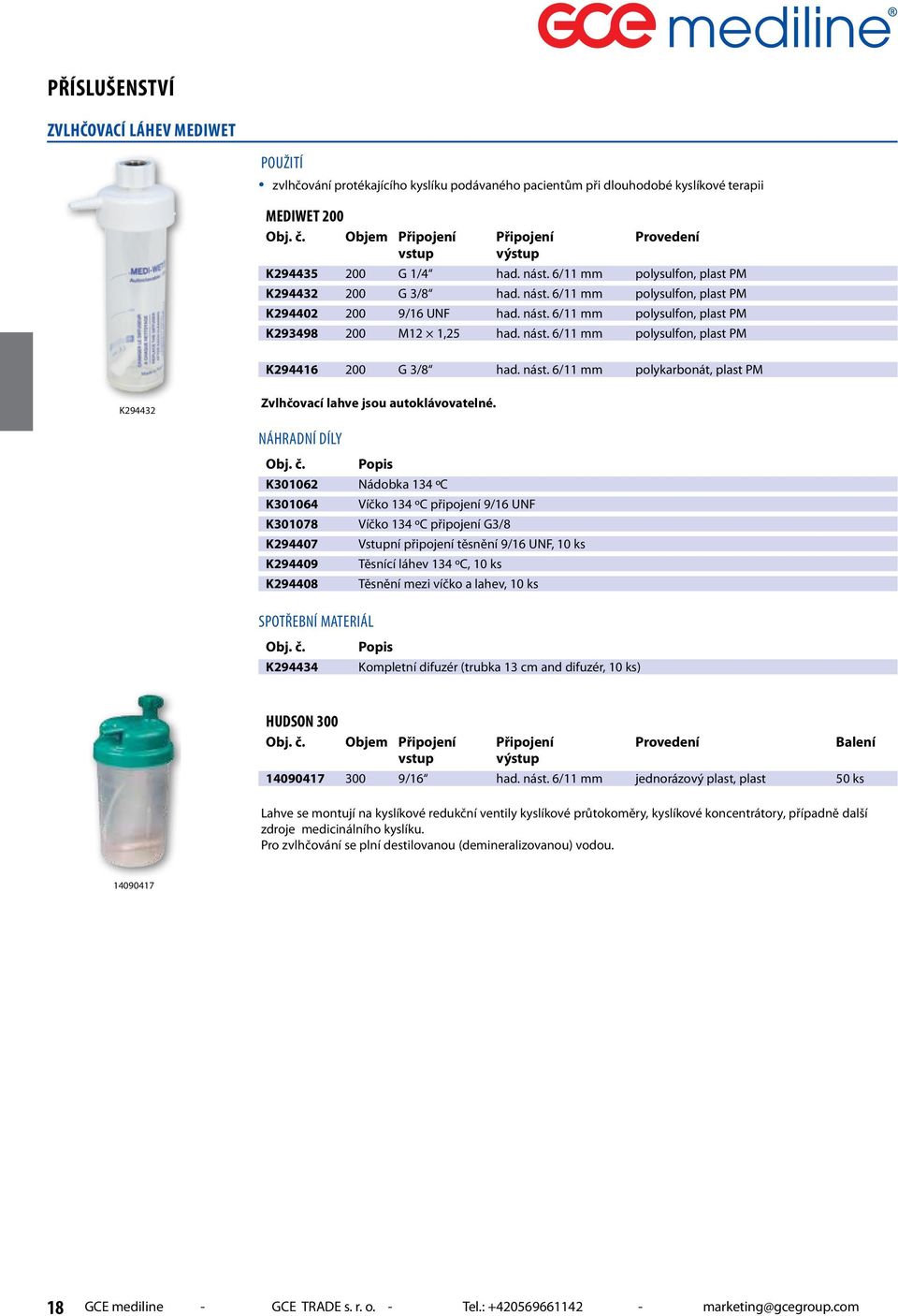 nást. 6/11 mm polysulfon, plast PM K294416 200 G 3/8 had. nást. 6/11 mm polykarbonát, plast PM K294432 Zvlhčovací lahve jsou autoklávovatelné. náhradní díly Obj. č.