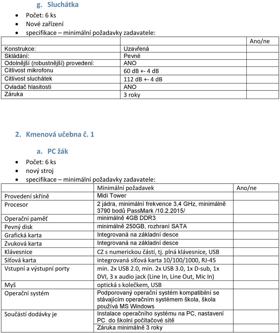 PC žák Počet: 6 ks nový stroj specifikace minimální požadavky zadavatele: Midi Tower 2 