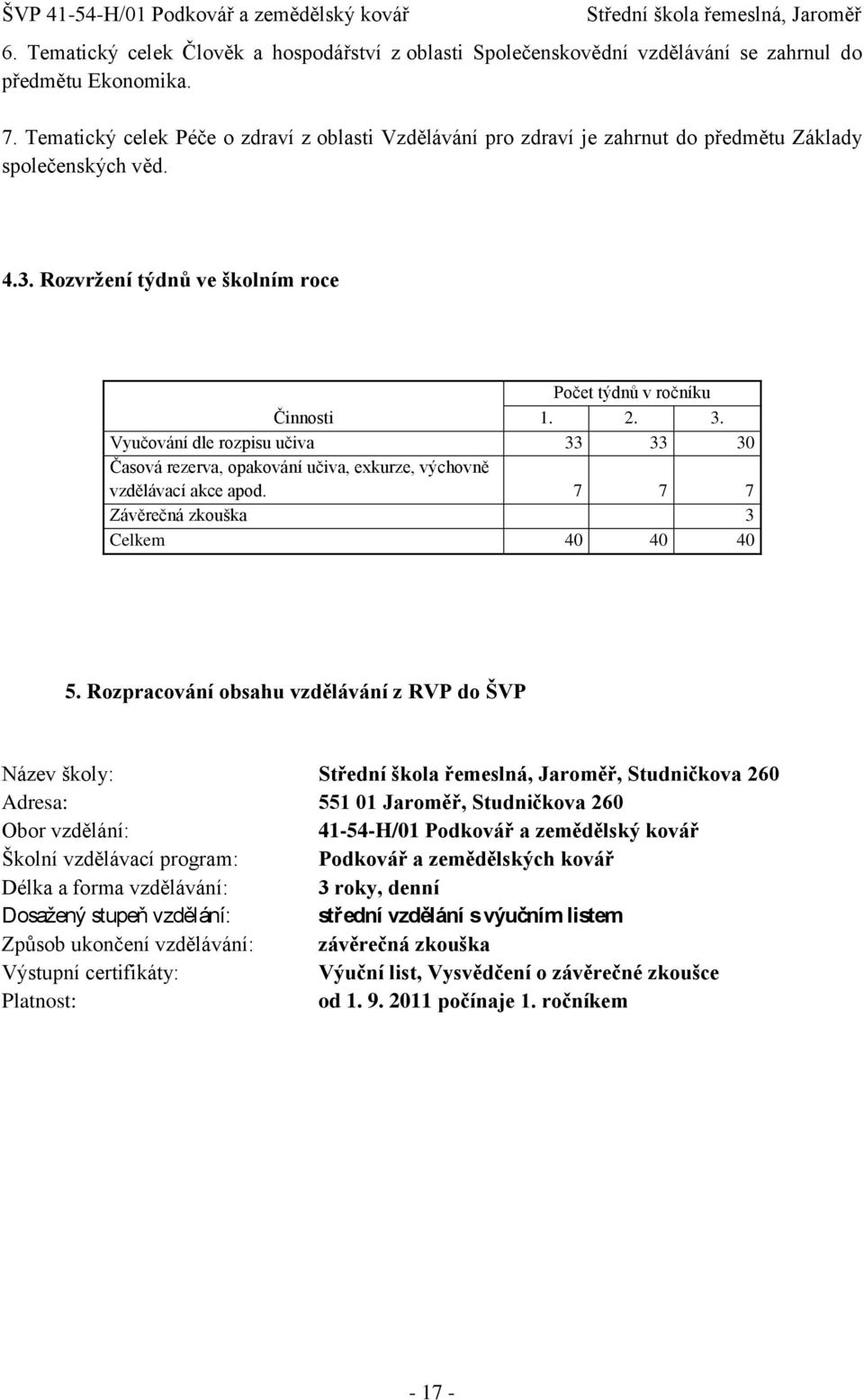 Vyučování dle rozpisu učiva 33 33 30 Časová rezerva, opakování učiva, exkurze, výchovně vzdělávací akce apod. 7 7 7 Závěrečná zkouška 3 Celkem 40 40 40 5.