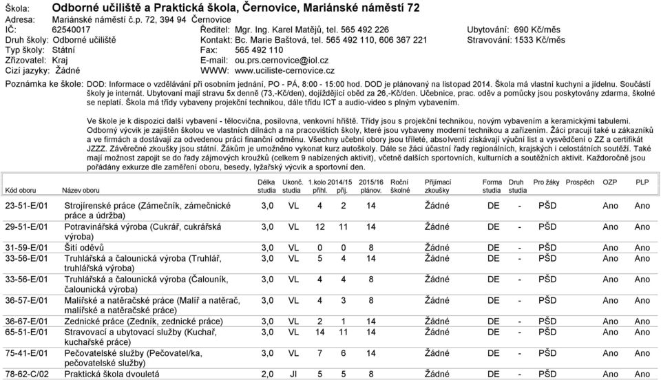 cz Poznámka ke škole: Ubytování: 6 Kč/měs Stravování: 133 Kč/měs DOD: Informace o vzdělávání při osobním jednání, PO PÁ, : 1: hod. DOD je plánovaný na listopad 2. Škola má vlastní kuchyni a jídelnu.