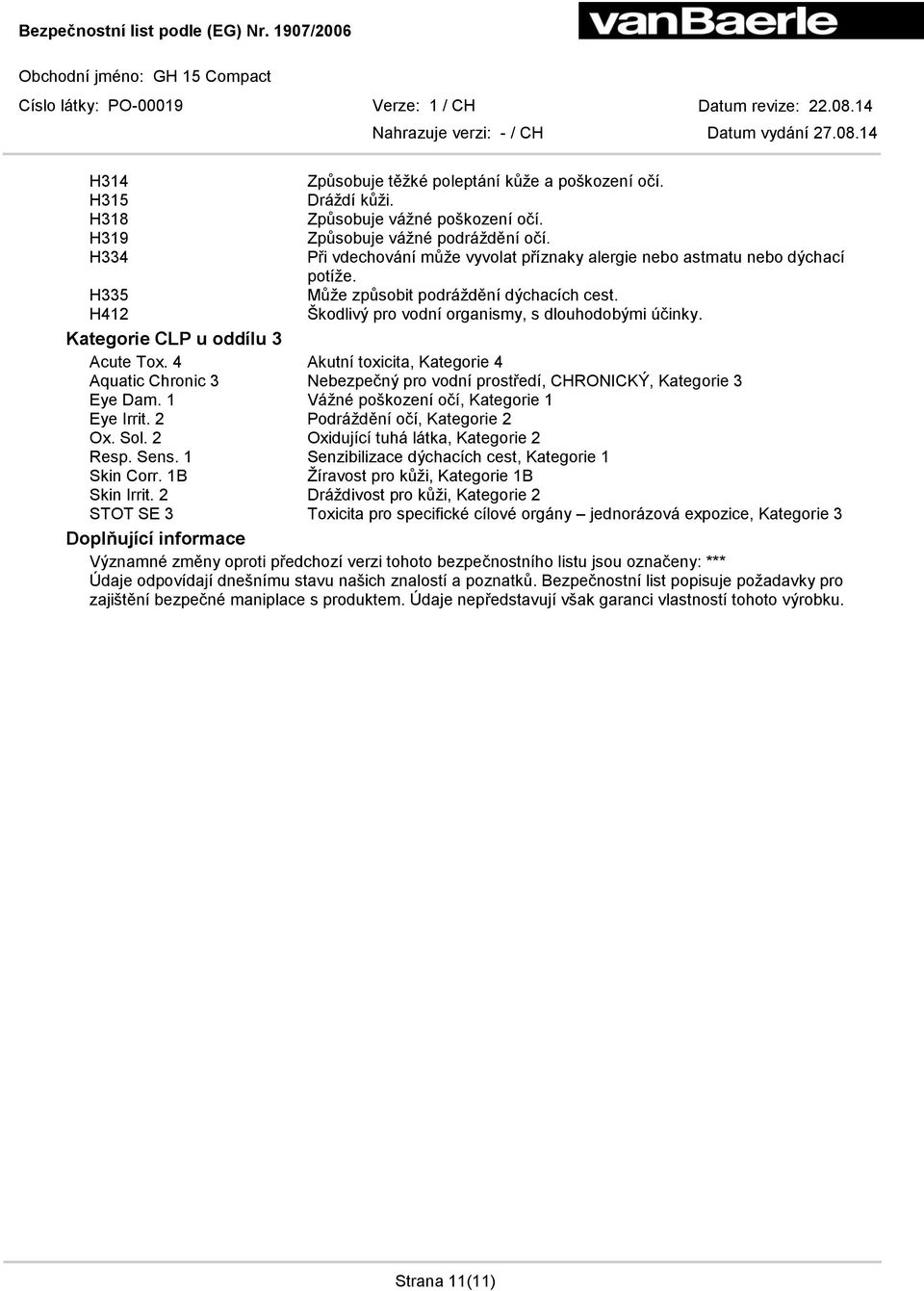 Kategorie CLP u oddílu 3 Acute Tox. 4 Akutní toxicita, Kategorie 4 Aquatic Chronic 3 Nebezpečný pro vodní prostředí, CHRONICKÝ, Kategorie 3 Vážné poškození očí, Kategorie 1 Eye Irrit.