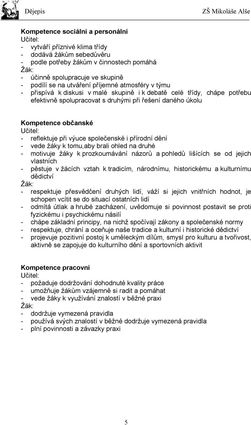 reflektuje při výuce společenské i přírodní dění - vede žáky k tomu,aby brali ohled na druhé - motivuje žáky k prozkoumávání názorů a pohledů lišících se od jejich vlastních - pěstuje v žácích vztah