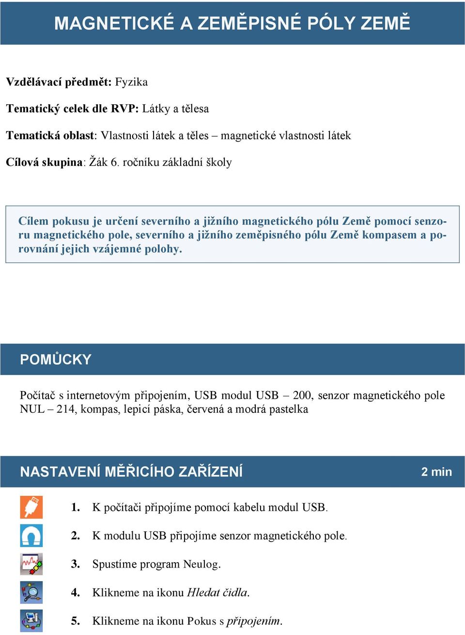 vzájemné polohy. POMŮCKY Počítač s internetovým připojením, USB modul USB 200, senzor magnetického pole NUL 214, kompas, lepicí páska, červená a modrá pastelka NASTAVENÍ MĚŘICÍHO ZAŘÍZENÍ 2 min 1.