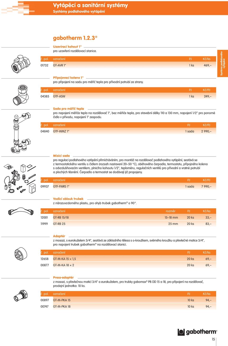 označení PJ Kč/PJ 04385 GTF-ASW 1 ks 249, Sada pro měřič tepla pro napojení měřiče tepla na rozdělovač 1", bez měřiče tepla, pro stavební délky 110 a 130 mm, napojení 1/2" pro ponorné čidlo v