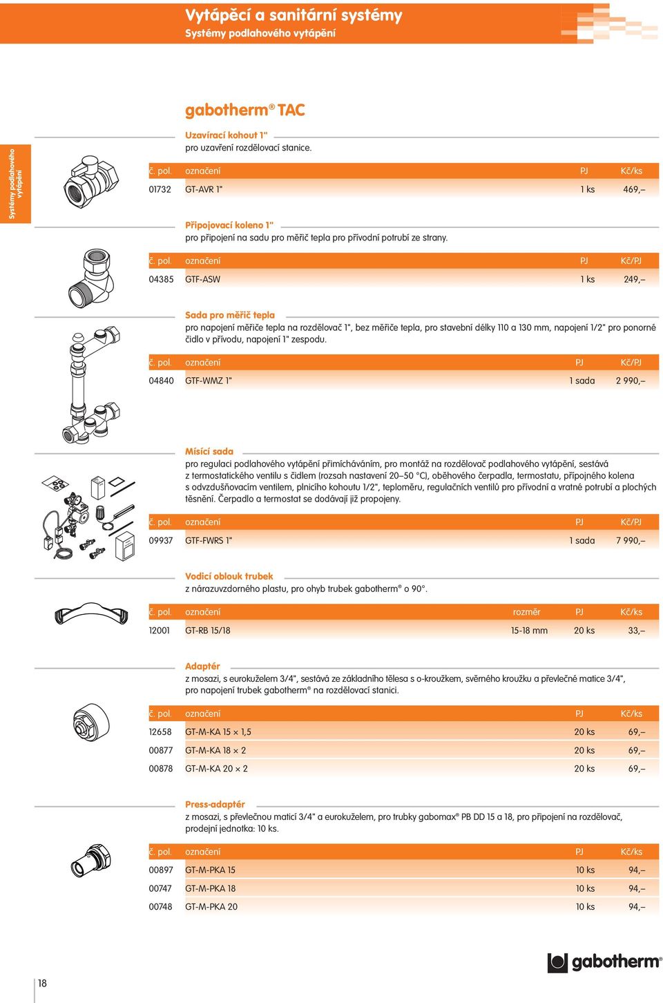 označení PJ Kč/PJ 04385 GTF-ASW 1 ks 249, Sada pro měřič tepla pro napojení měřiče tepla na rozdělovač 1", bez měřiče tepla, pro stavební délky 110 a 130 mm, napojení 1/2" pro ponorné čidlo v