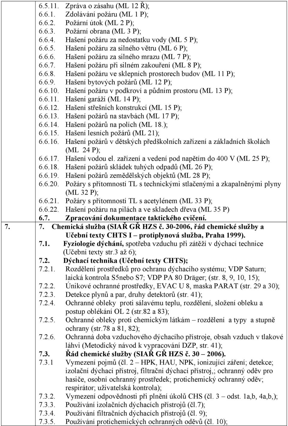 Hašení bytových požárů (ML 12 P); 6.6.10. Hašení požáru v podkroví a půdním prostoru (ML 13 P); 6.6.11. Hašení garáží (ML 14 P); 6.6.12. Hašení střešních konstrukcí (ML 15 P); 6.6.13. Hašení požárů na stavbách (ML 17 P); 6.