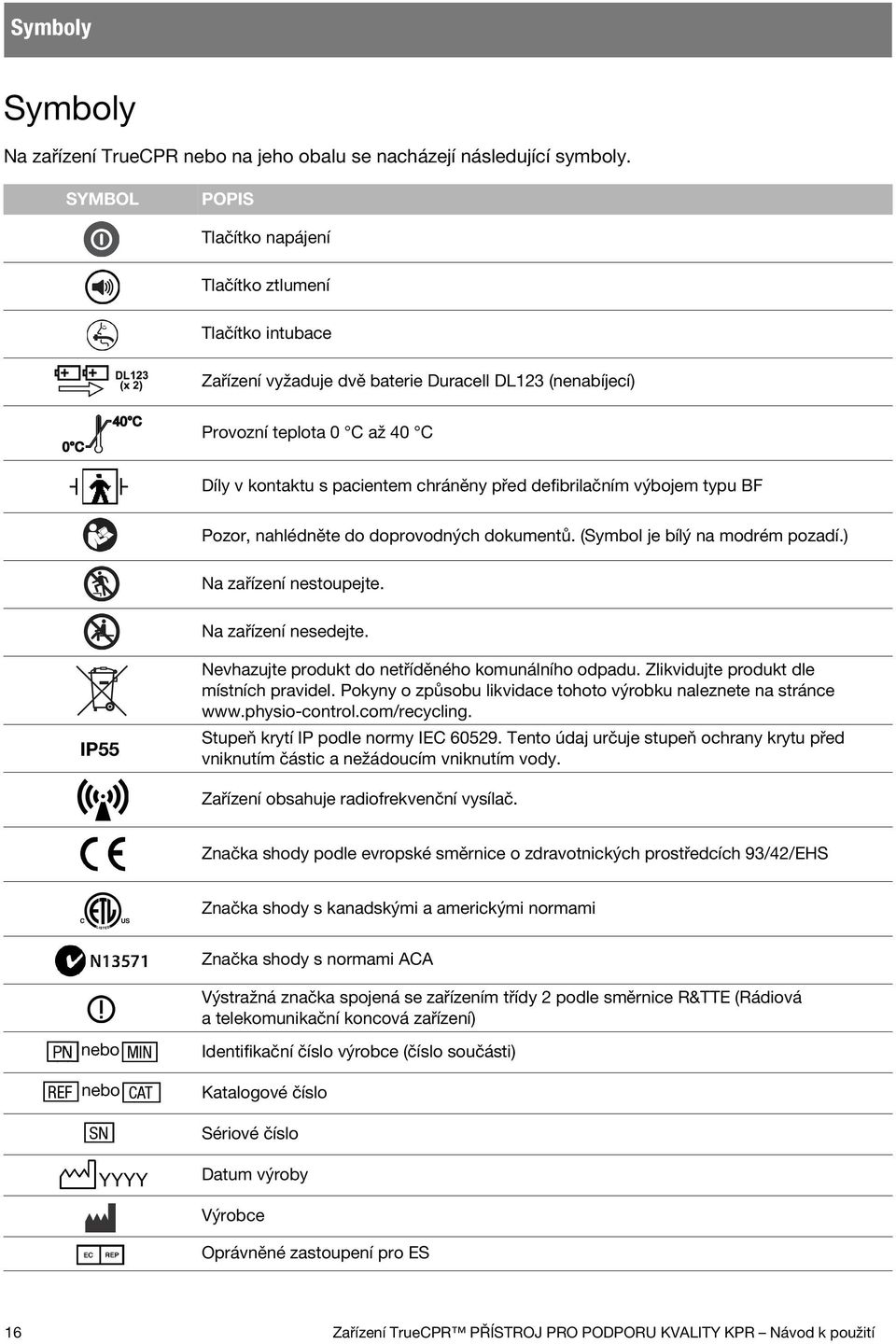 defibrilačním výbojem typu BF Pozor, nahlédněte do doprovodných dokumentů. (Symbol je bílý na modrém pozadí.) Na zařízení nestoupejte. Na zařízení nesedejte.