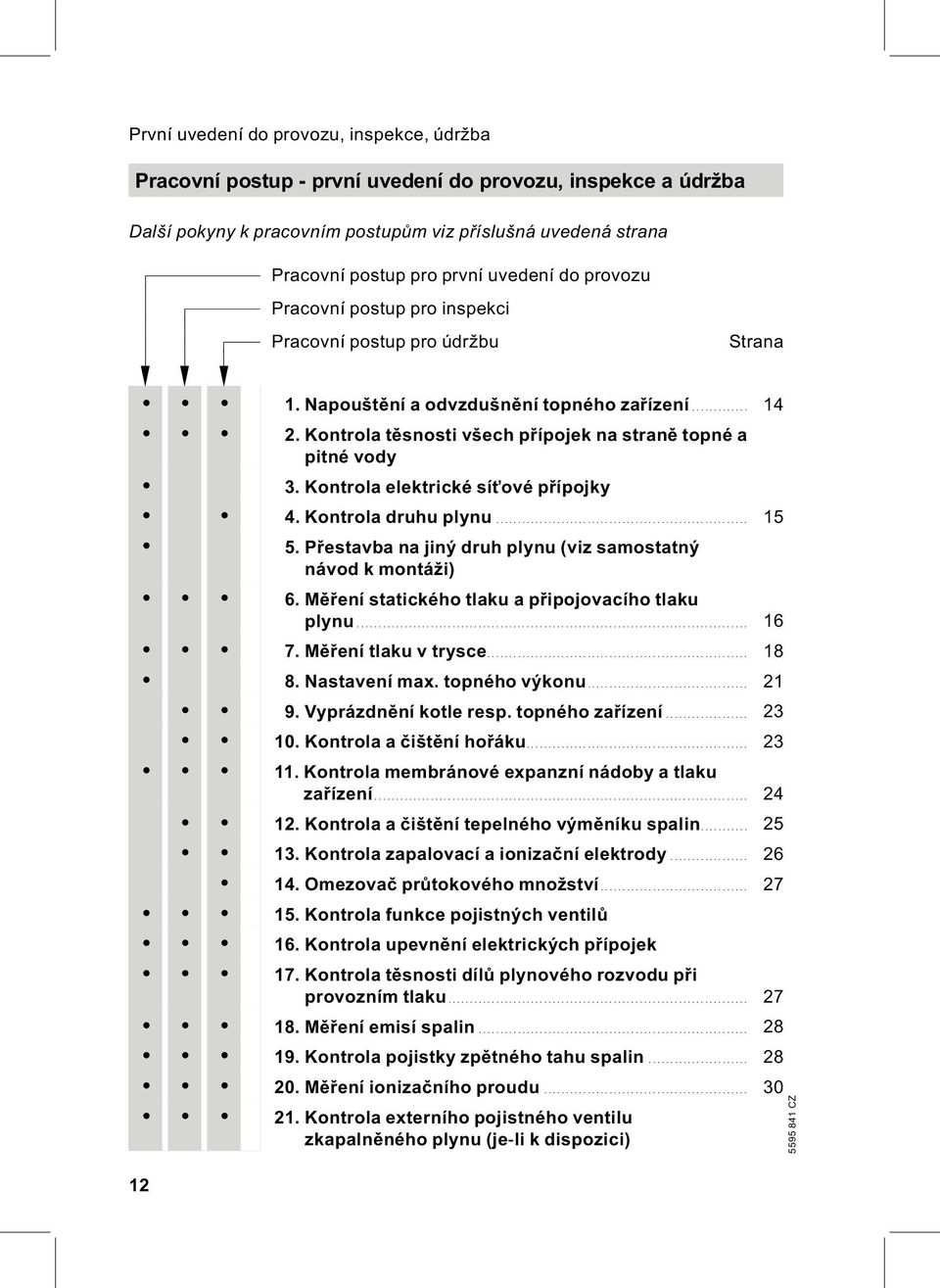 Kontrola těsnosti všech přípojek na straně topné a pitné vody 3. Kontrola elektrické síťové přípojky 4. Kontrola druhu plynu... 15 5. Přestavba na jiný druh plynu (viz samostatný návod k montáži) 6.