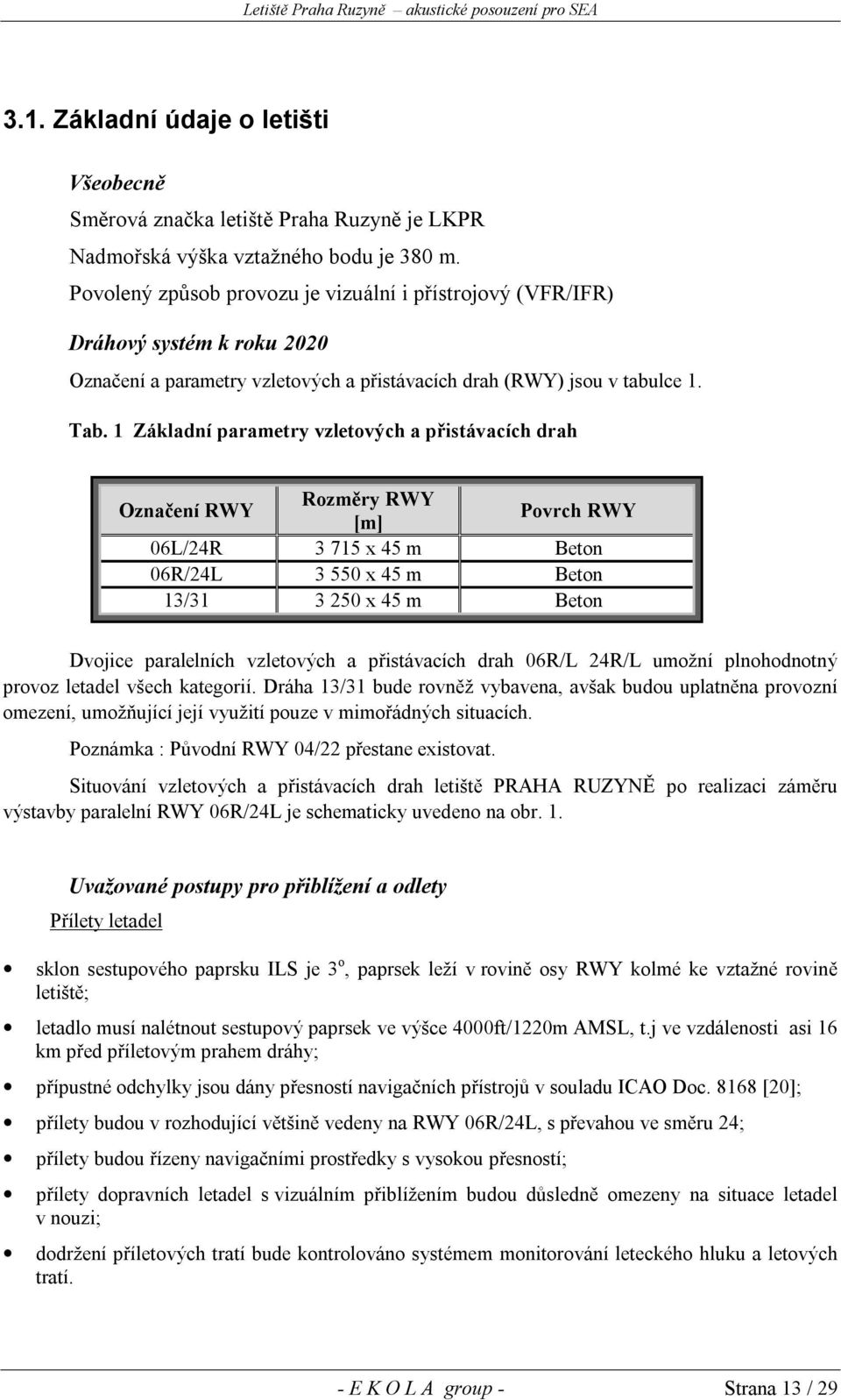 1 Základní parametry vzletových a přistávacích drah Označení RWY Rozměry RWY [m] Povrch RWY 06L/24R 3 715 x 45 m Beton 06R/24L 3 550 x 45 m Beton 13/31 3 250 x 45 m Beton Dvojice paralelních