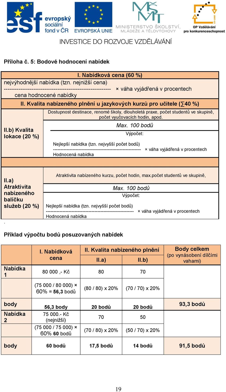 b) Kvalita lokace (20 %) Dostupnost destinace, renomé školy, dlouholetá praxe, počet studentů ve skupině, počet vyučovacích hodin, apod. Max. 100 bodů Výpočet: Nejlepší nabídka (tzn.