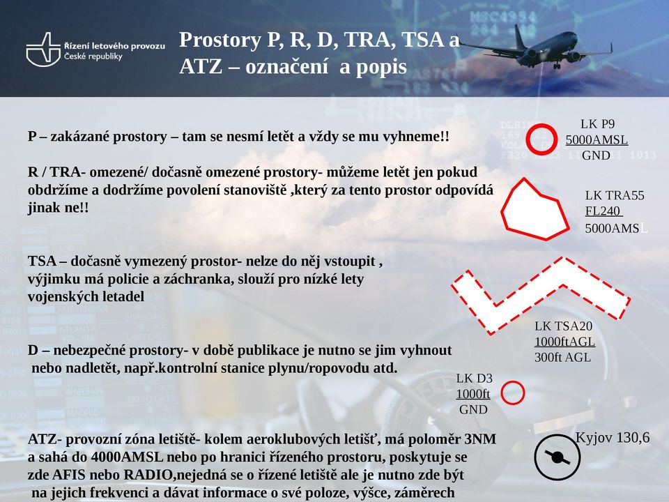 ! LK TRA55 FL240 5000AMSL TSA dočasně vymezený prostor- nelze do něj vstoupit, výjimku má policie a záchranka, slouží pro nízké lety vojenských letadel D nebezpečné prostory- v době publikace je