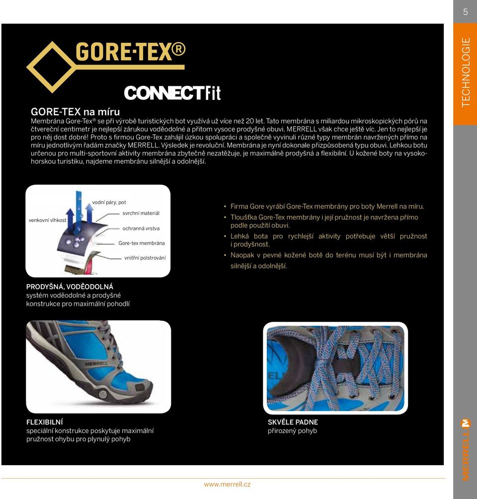 Proto s firmou Gore-Tex zahájil úzkou spolupráci a společně vyvinuli různé typy membrán navržených přímo na míru jednotlivým řadám značky MERRELL. Výsledek je revoluční.