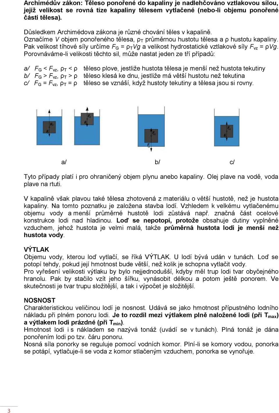 Pak velikost tíhové síly určíme F G = ρ T Vg a velikost hydrostatické vztlakové síly F vz = ρvg.