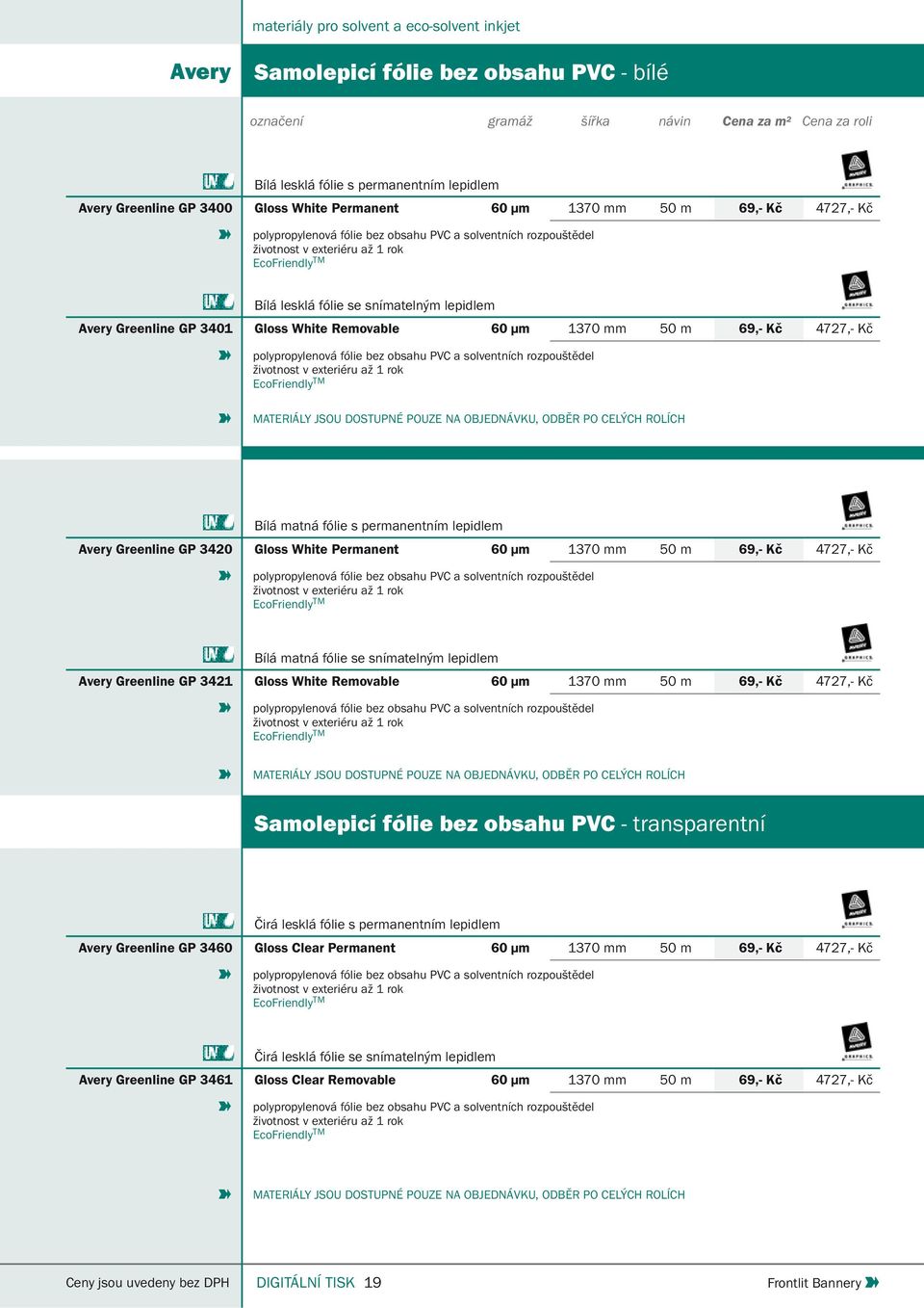 4727,- Kč polypropylenová fólie bez obsahu PVC a solventních rozpouštědel životnost v exteriéru až 1 rok EcoFriendly TM MATERIÁLY JSOU DOSTUPNÉ POUZE NA OBJEDNÁVKU, ODBĚR PO CELÝCH ROLÍCH Bílá matná