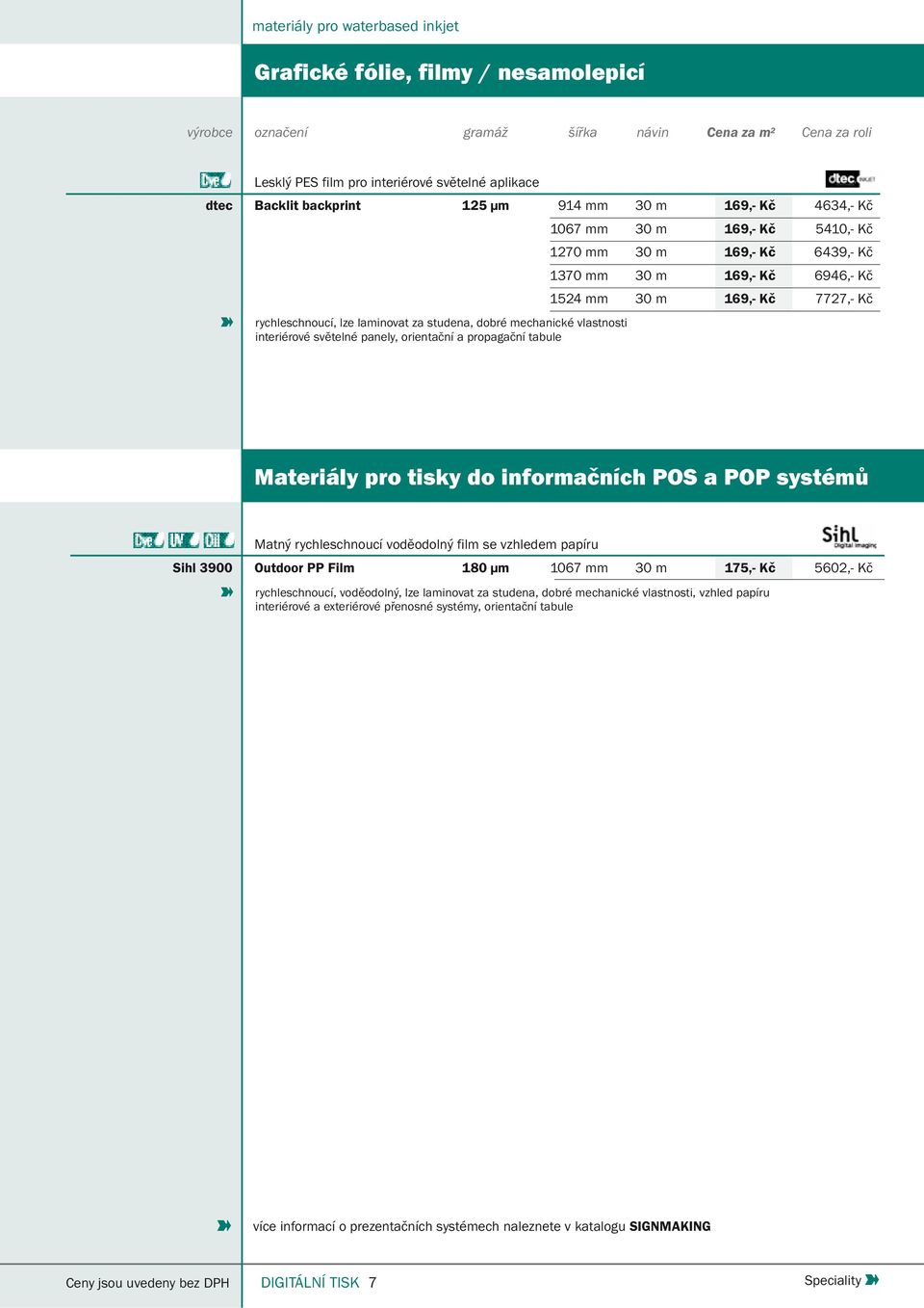 mm 30 m 169,- Kč 6946,- Kč 1524 mm 30 m 169,- Kč 7727,- Kč Materiály pro tisky do informačních POS a POP systémů Matný rychleschnoucí voděodolný film se vzhledem papíru Sihl 3900 Outdoor PP Film 180