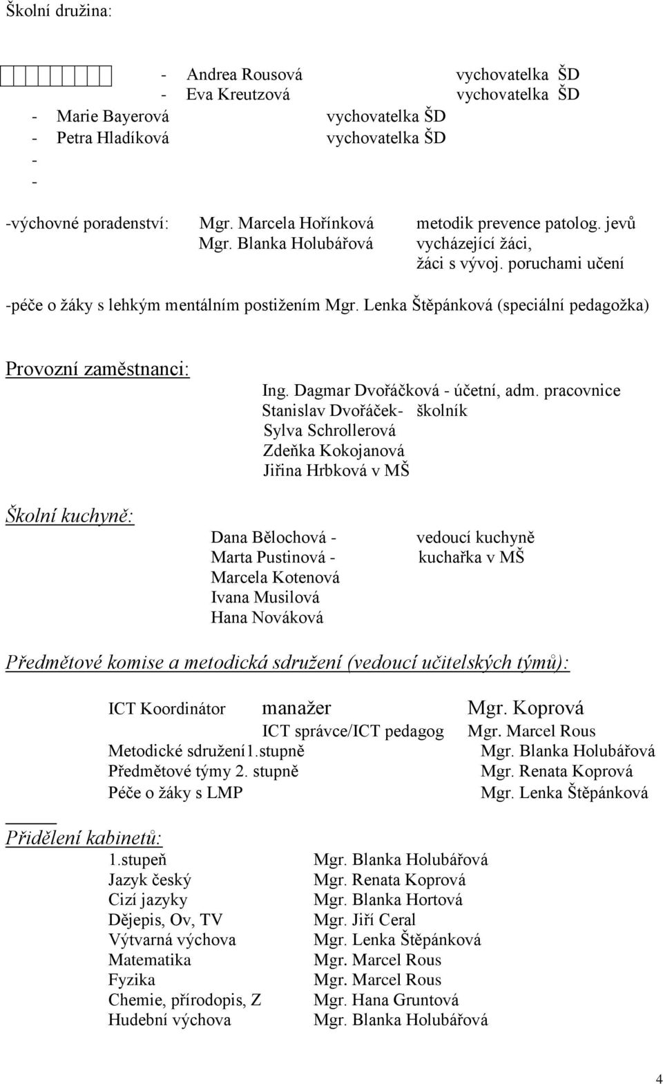 Lenka Štěpánková (speciální pedagožka) Provozní zaměstnanci: Ing. Dagmar Dvořáčková - účetní, adm.