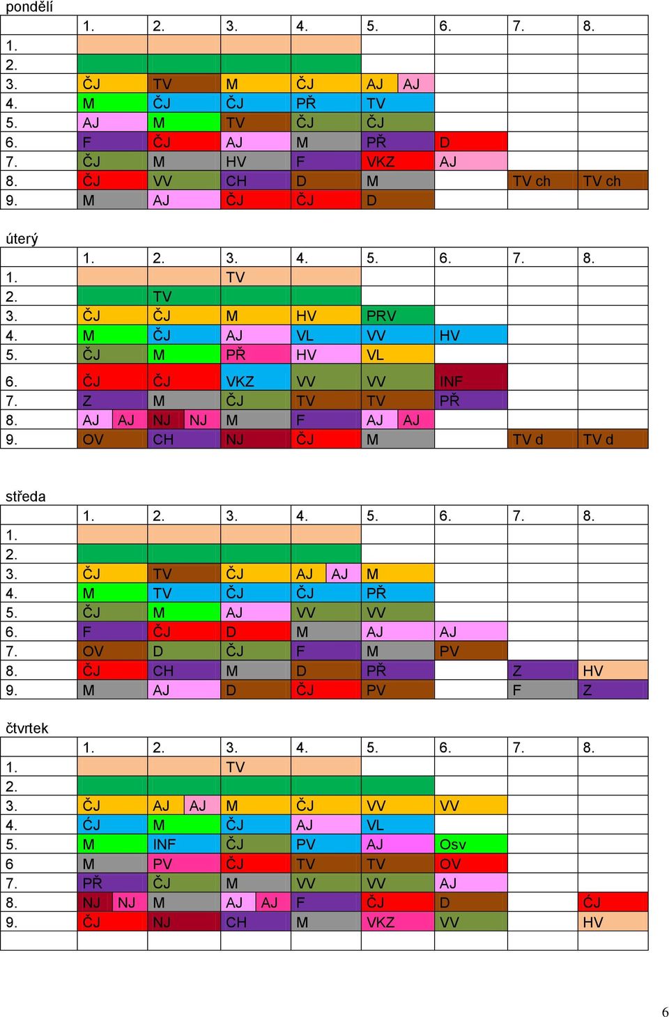 OV CH NJ ČJ M TV d TV d středa 1. 2. 3. 4. 5. 6. 7. 8. 1. 2. 3. ČJ TV ČJ AJ AJ M 4. M TV ČJ ČJ PŘ 5. ČJ M AJ VV VV 6. F ČJ D M AJ AJ 7. OV D ČJ F M PV 8. ČJ CH M D PŘ Z HV 9.