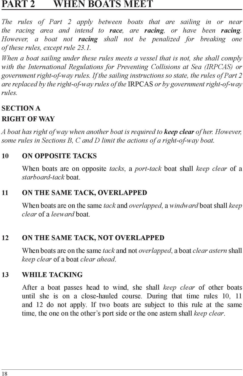 When a boat sailing under these rules meets a vessel that is not, she shall comply with the International Regulations for Preventing Collisions at Sea (IRPCAS) or government right-of-way rules.